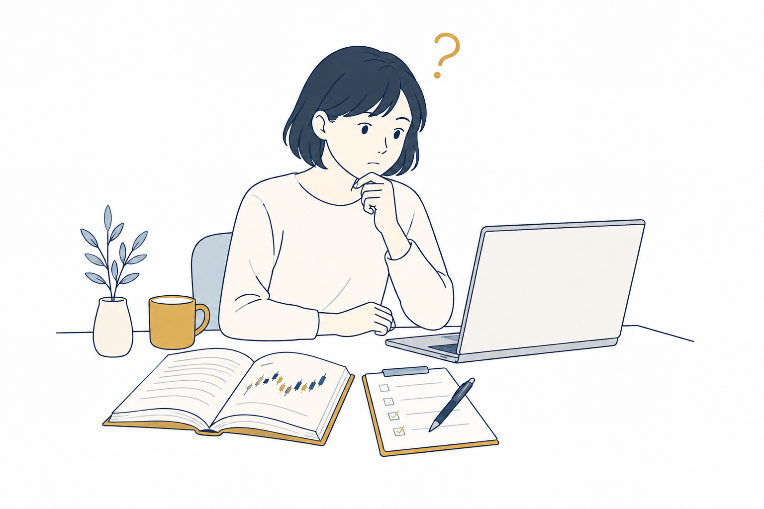 教材を広げ、取引について考えている女性