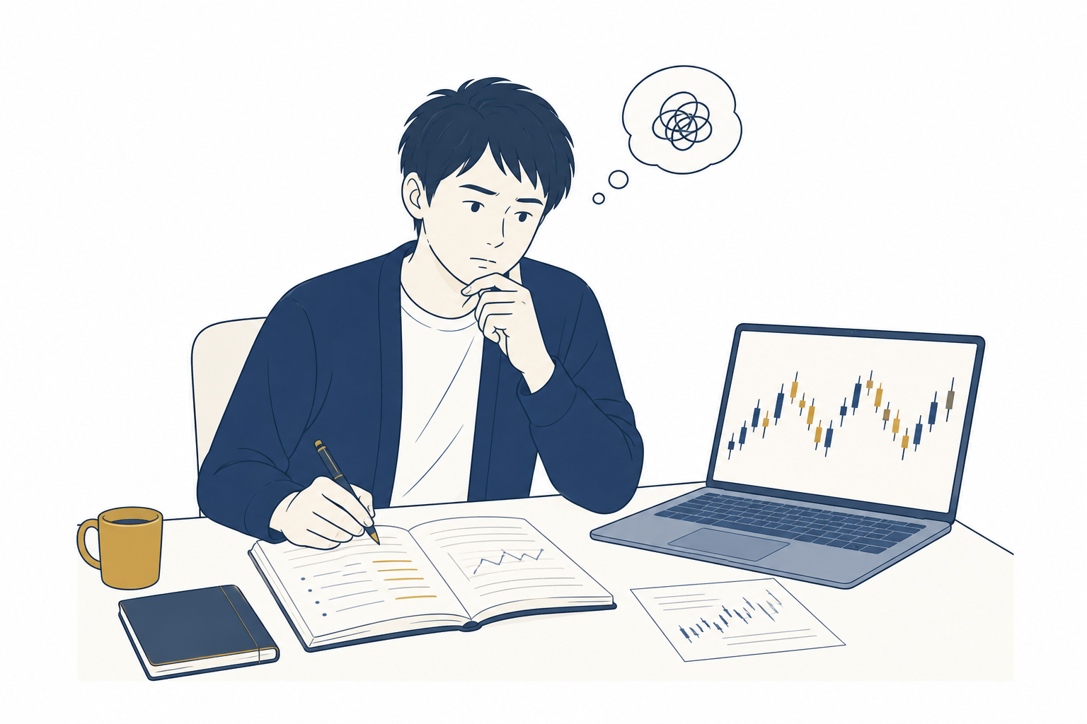 チャートとノートを前に、投資について悩んでいる男性